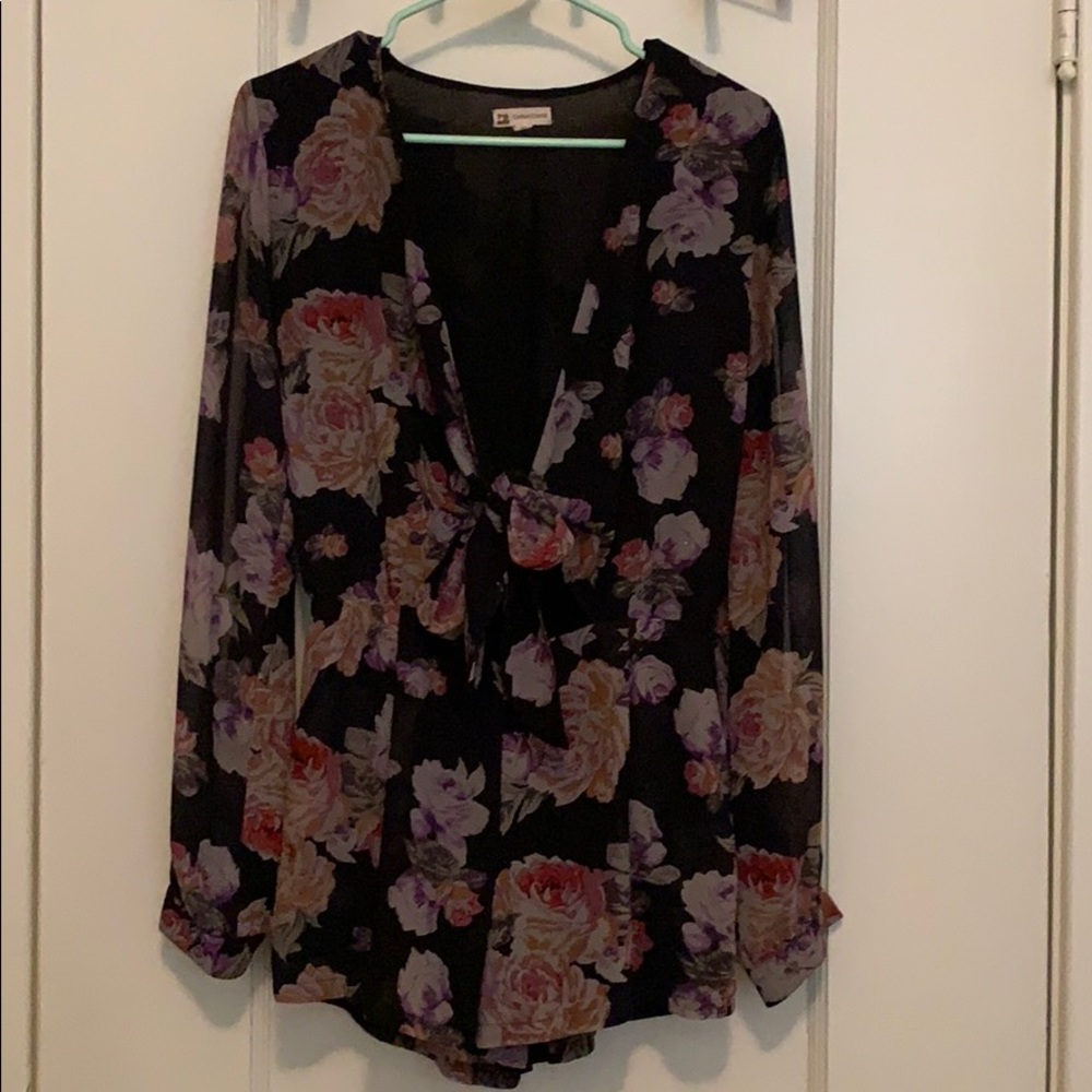 Black Floral Deep V plunging long sleeve romper